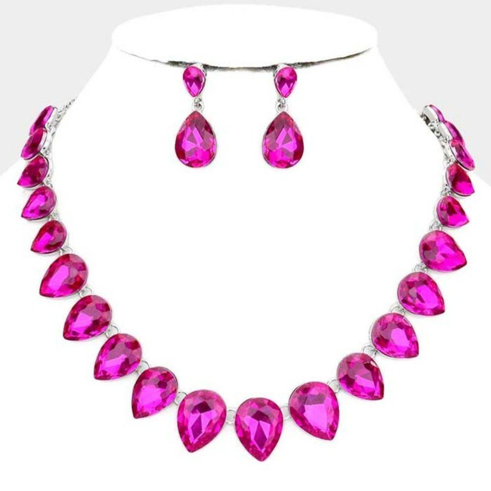 Teardrop Fuchsia Crystal Silver Evening Necklace Set